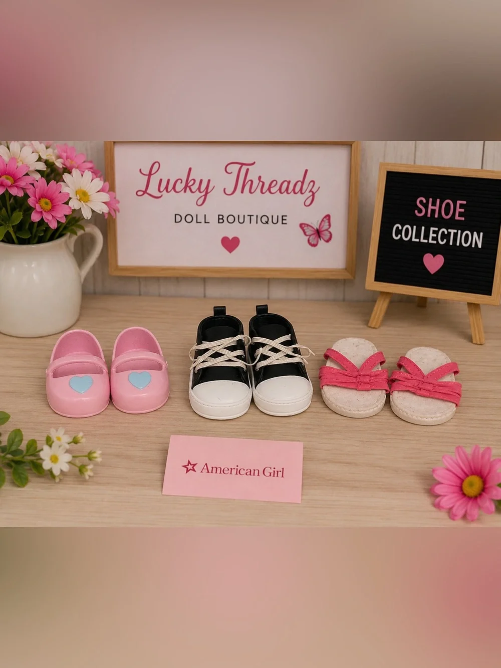 3 Pairs American Girl Doll Shoes. Black Sneakers, pink sandals, & pink MaryJane